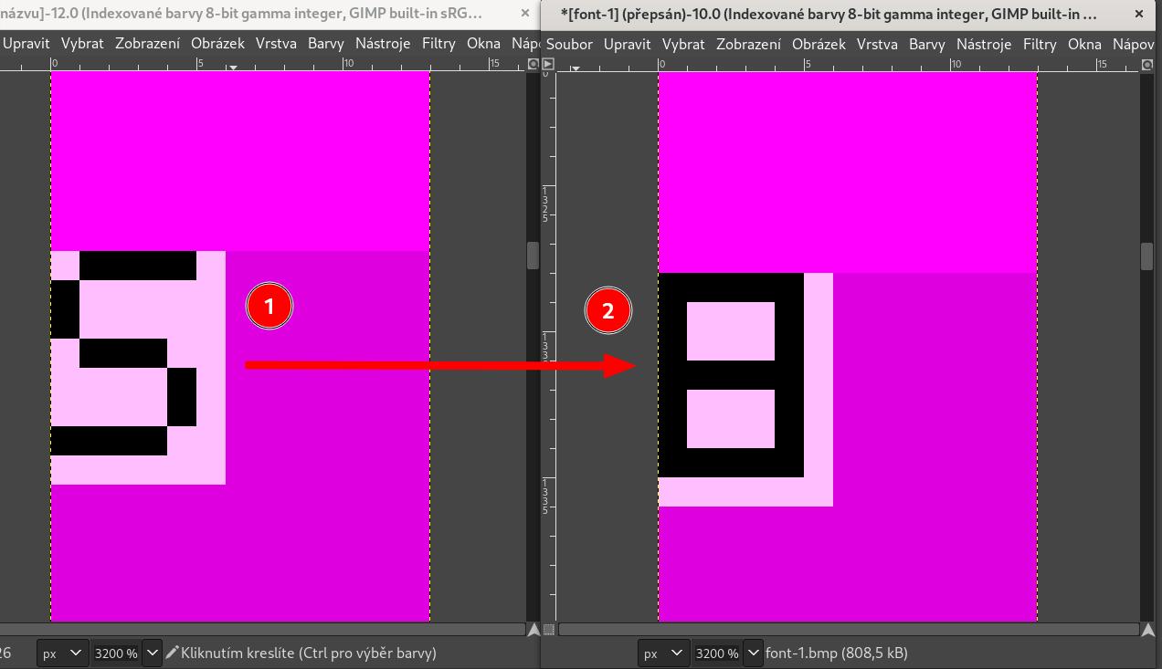 (1) original S character, (2) modified S character for test